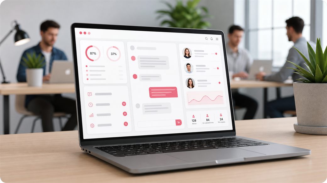 Notebook exibindo painel de atendimento profissional em um escritório moderno.